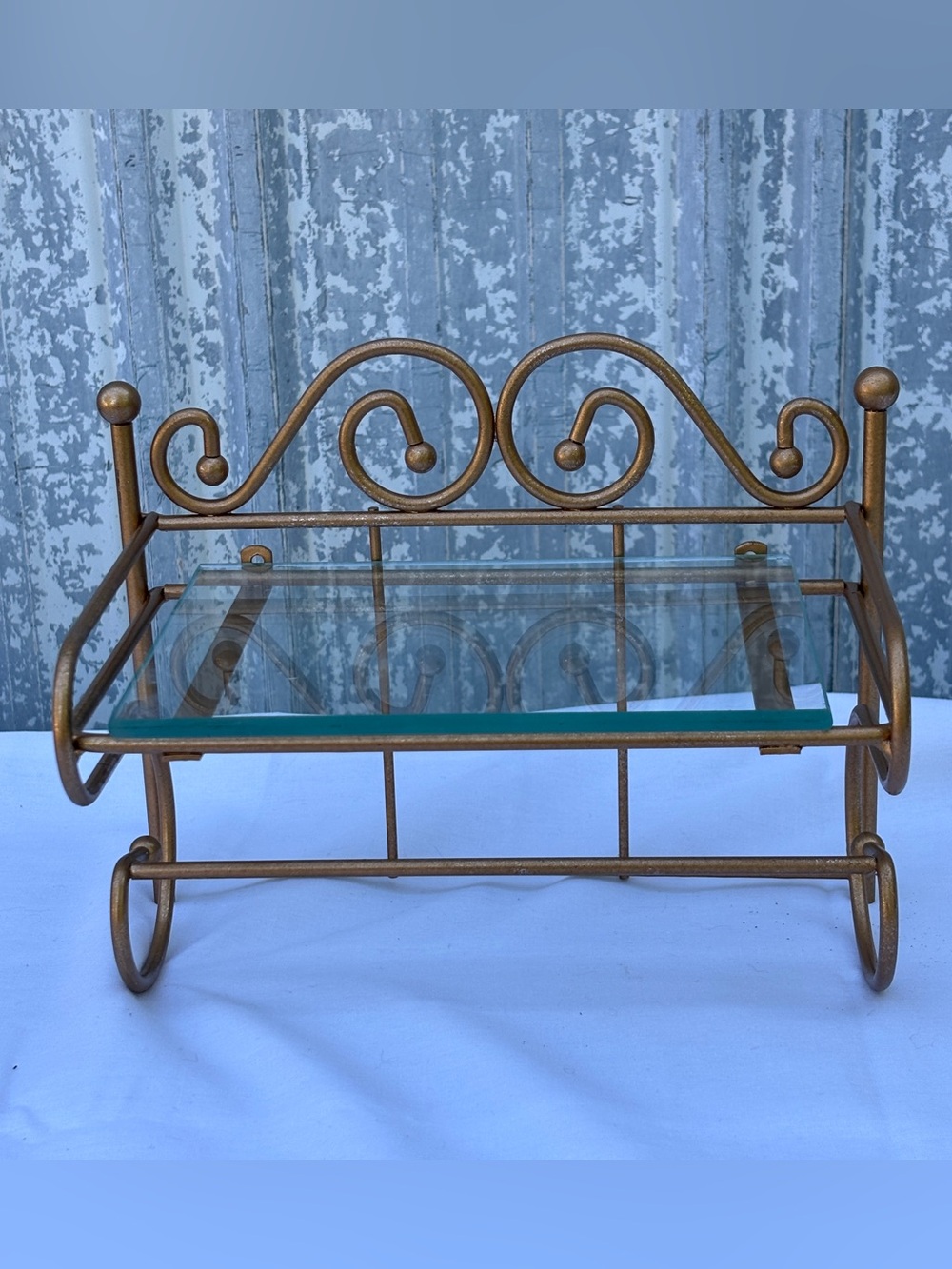 VTG Hollywood Regency Painted Gold Wrought Iron & Glass Vanity Wall Shelf 8.75”